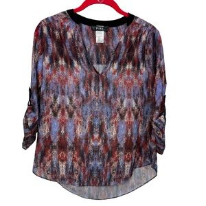 Fury V Neck Multi Color Roll Tab Sleeve Blouse XS Extra Small Sheer